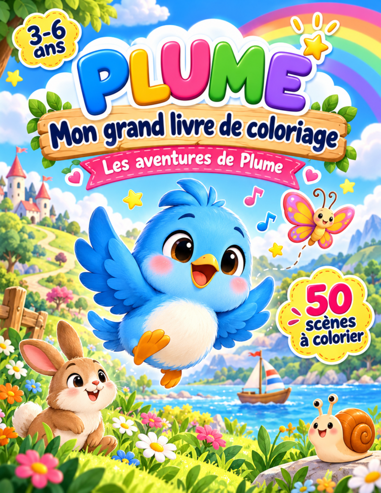 Couverture du livre de coloriage Les aventures de Plume pour enfants de 3 à 6 ans